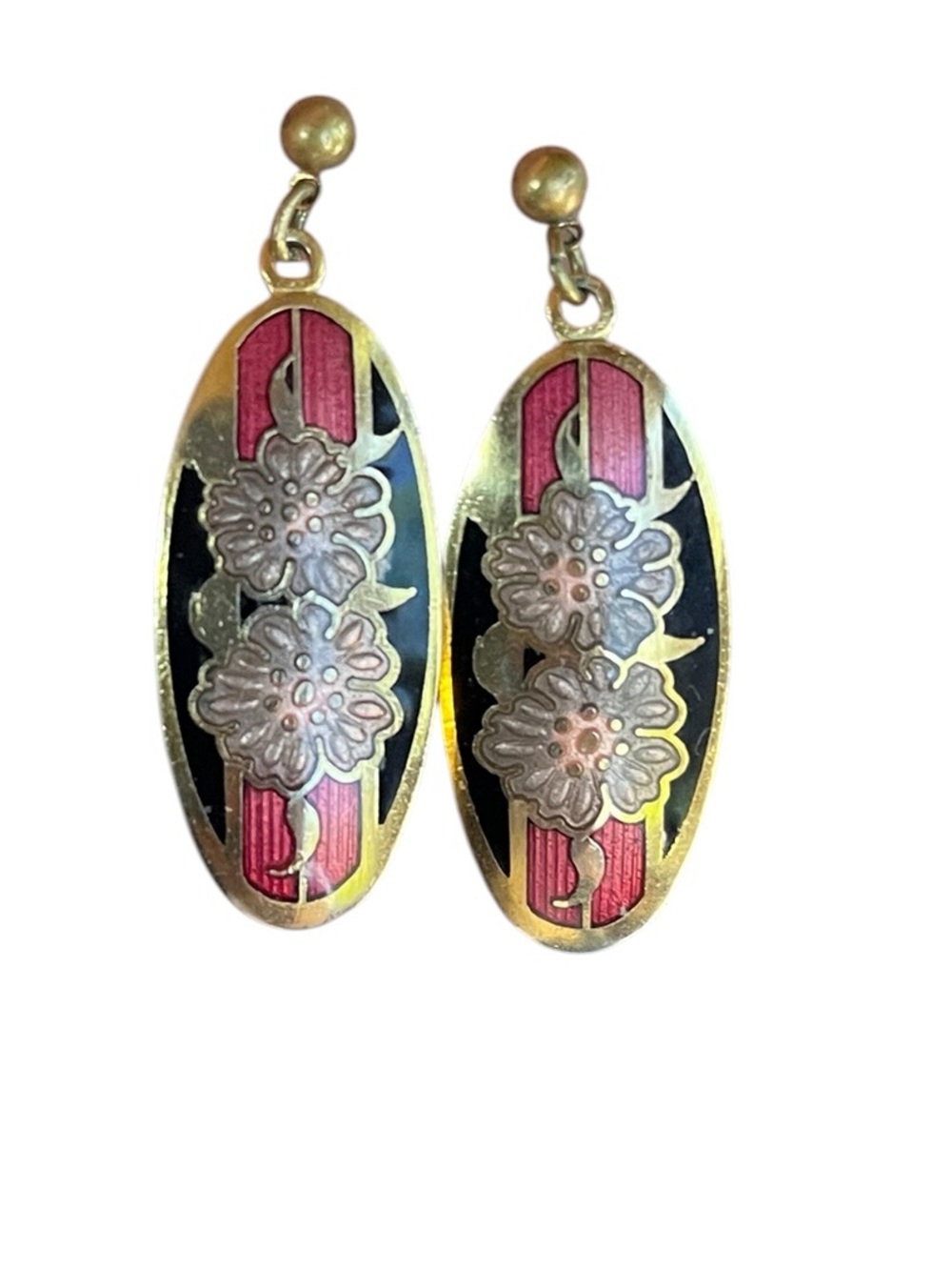 Cloisonné Floral Oval Red Black Pink Enamel w Gold Tone Drop Earrings